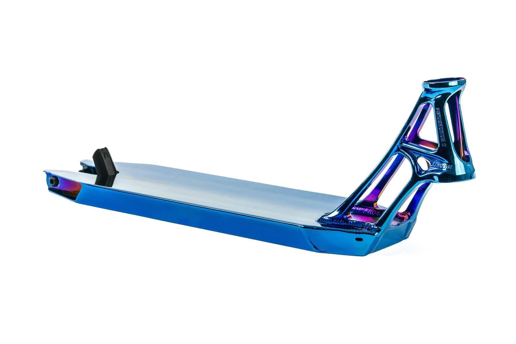 The Ethic DTC Pandemonium V2 Chrome Blue Stunt Scooter Deck, measuring 5.1" x 18.1", features a sleek metallic blue chrome finish with unique cutouts and a lightweight aluminum construction for enhanced durability. Its striking design really pops against a white background.