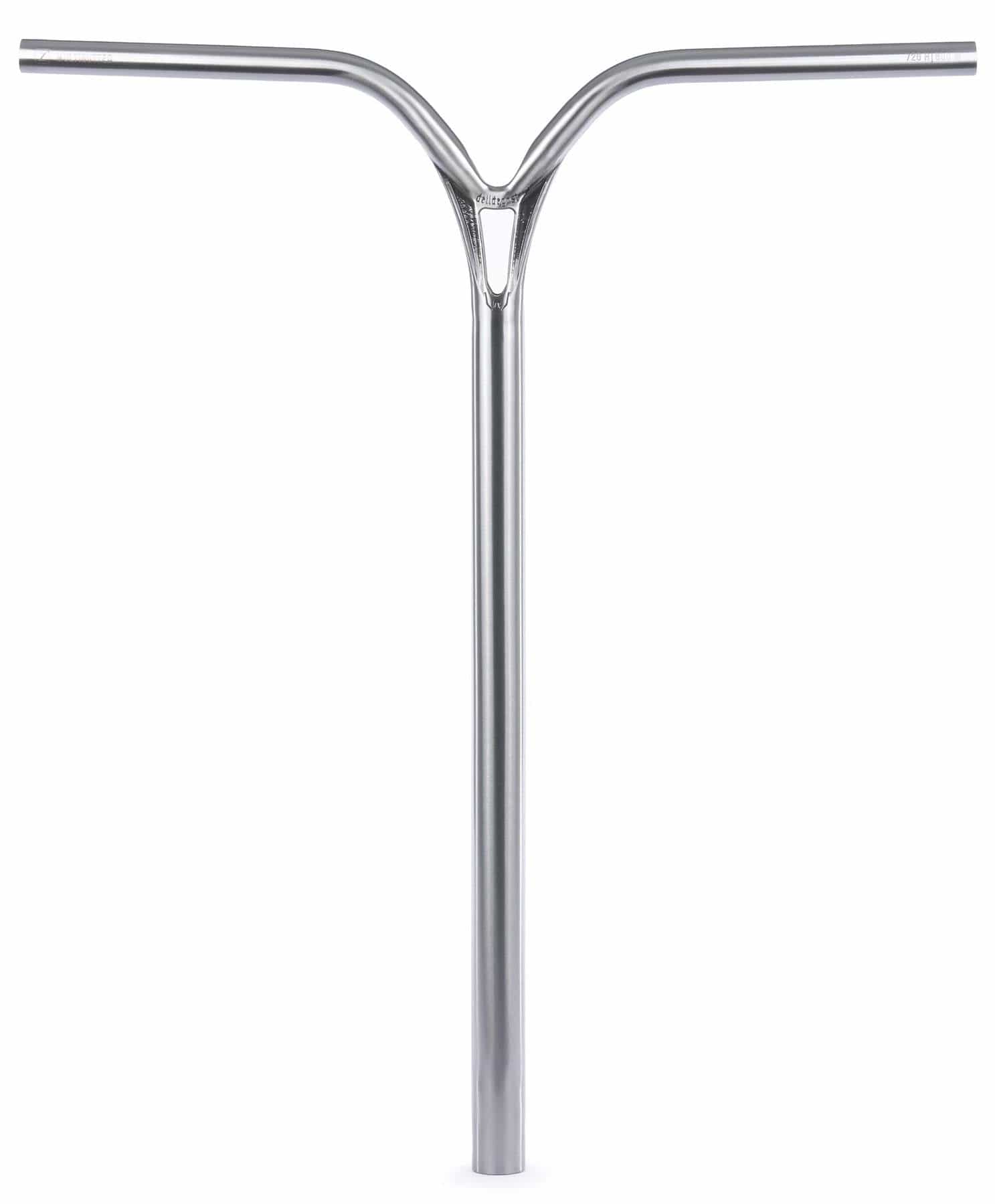The Ethic DTC Deildegast V2 Steel Oversized HIC Stunt Scooter Bars in Raw Silver (720mm x 600mm) feature a durable Y-shaped 4130 Chromoly build with a central cut-out, perfect for riders seeking strength and HIC compatibility.