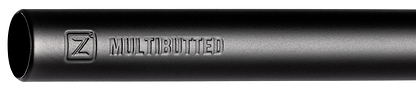Close-up of a black Ethic DTC Wolpertinger Aluminium IHC Stunt Scooter Bar (720mm x 580mm) with "MULTIBUTTED" and "Z" logo embossed—Ethic’s lightest and strongest aluminium handlebar designed for advanced stunts.