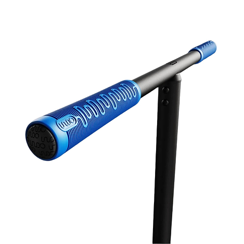A sleek blue and black baseball bat is shown horizontally on a black background, featuring textured grip details reminiscent of the INDO Pro V2 Indoor Trampoline Stunt Scooter - Black/Blue, with a black stand for support.