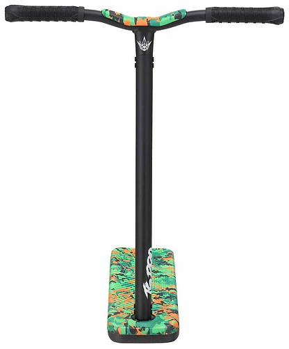 A scooter handlebar in black with a deck showcasing a vibrant orange camo pattern, incorporating shades of green and black. The textured handgrips provide a secure hold, while the Blunt Envy logo on the deck ensures both style and performance, echoing the promise of the Blunt Envy TS Pro 6 Indoor Trampoline Stunt Scooter - Orange Camo.
