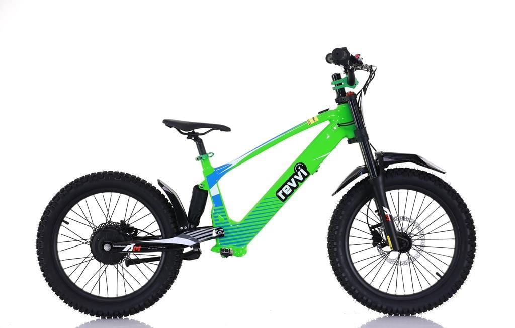 On a white backdrop, the Revvi 20" Kids Electric Balance Bike in vibrant green showcases rugged off-road tires, black handlebars, and a contoured frame. With its sporty design and speed settings, it's perfect for thrilling adventures.