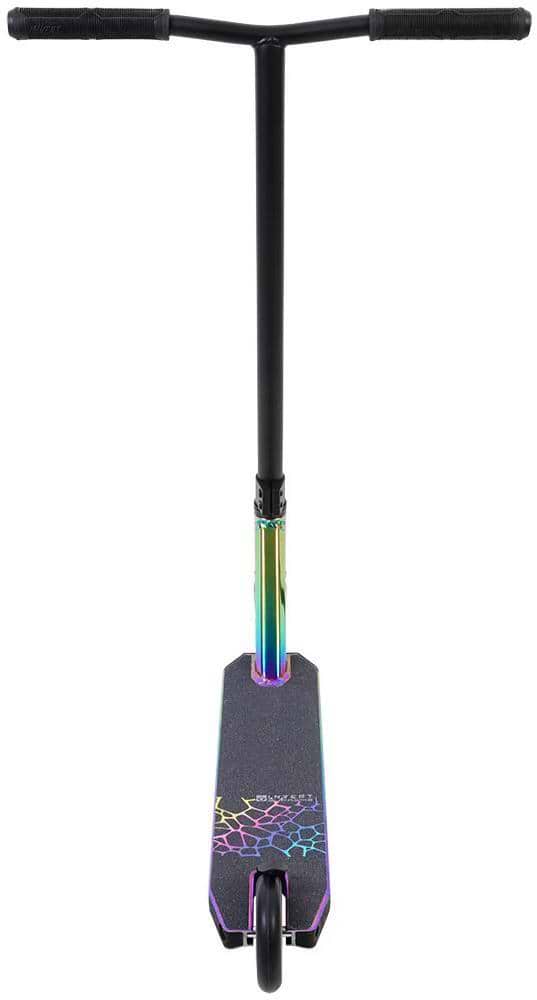 The Invert Supreme 2-8-13 Complete Stunt Scooter - Neochrome features a wide T-bar, textured deck, and single front wheel—ideal for kids seeking an agile stunt scooter in stylish black and iridescent neochrome.