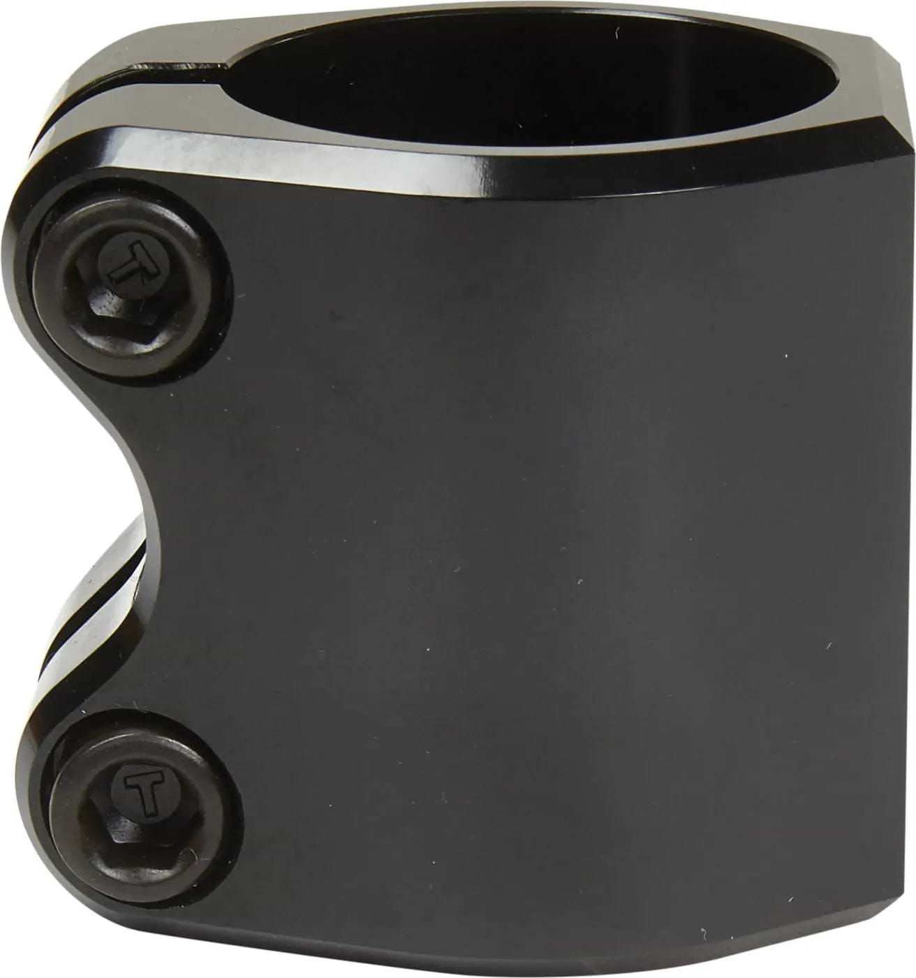 The Tilt Classic 2 Bolt Oversized Double Stunt Scooter Clamp in black features two hex bolts and a smooth, cylindrical design for securing scooter handlebars. It is part of Tilt’s Stage II collection.