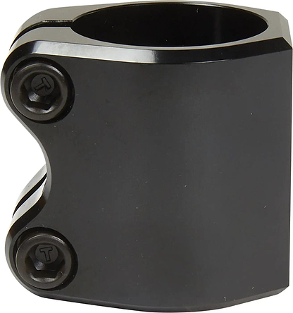 The Tilt Classic 2 Bolt Oversized Double Stunt Scooter Clamp in black features two hex bolts and a smooth, cylindrical design for securing scooter handlebars. It is part of Tilt’s Stage II collection.