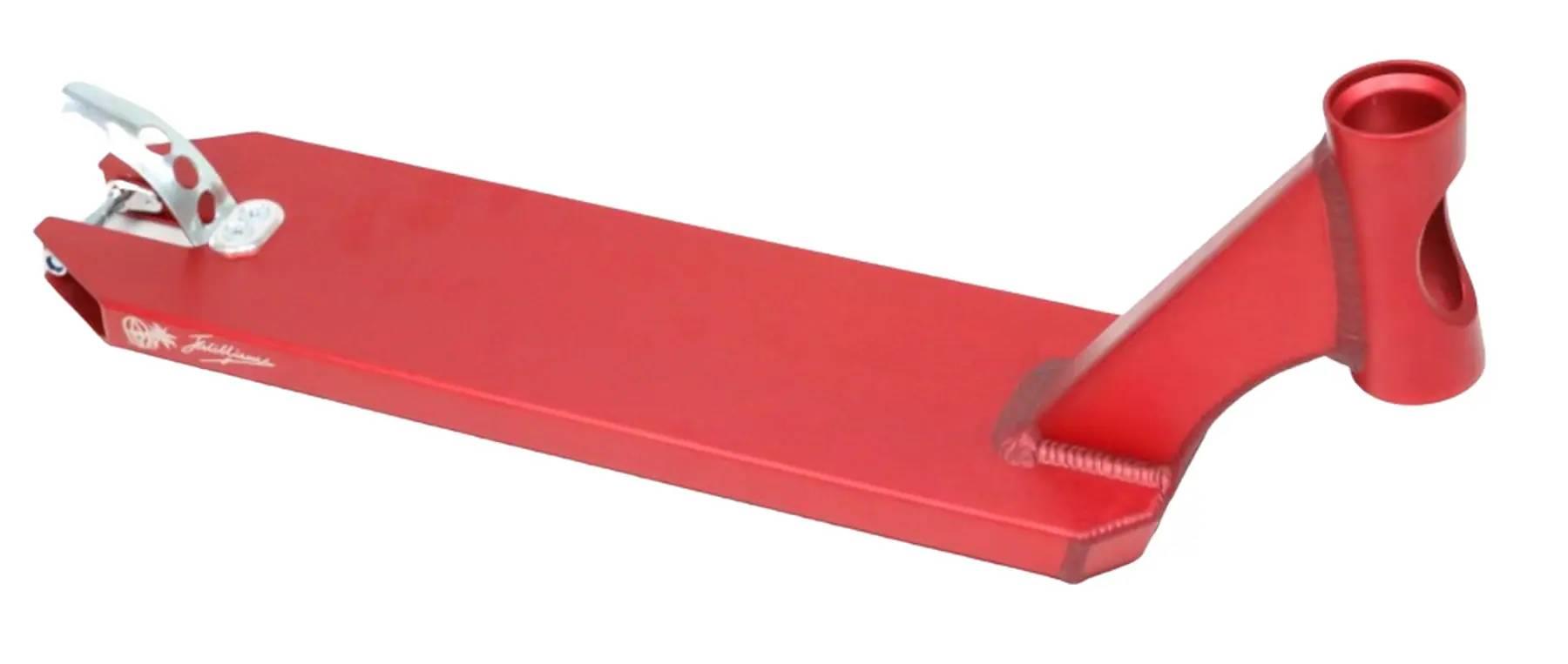 The Apex Pro Jett Williams Signature Red Stunt Scooter Deck (5" x 19.3") by Apex features an integrated head tube and silver brake, shown angled on a white background.