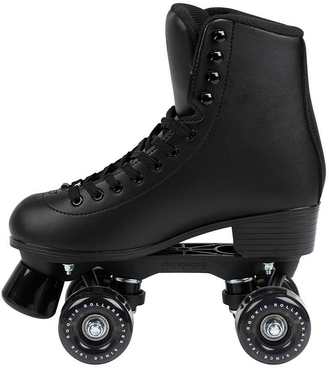 The Rookie Classic 78 Quad Roller Skates - Black by Rookie feature a high boot design, black laces, and black wheels—ideal for classic skate enthusiasts. Shown side view on a white background.