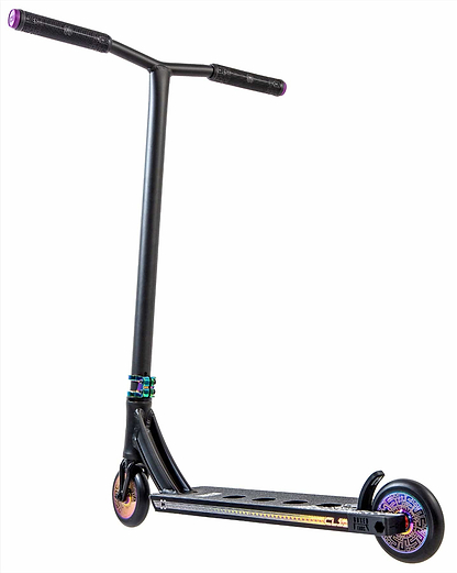 The CORE CL1 Complete Stunt Scooter by CORE in Black/Neochrome LE features a wide deck, large handlebar, and vibrant wheels—ideal for skatepark tricks—shown isolated on a white background.