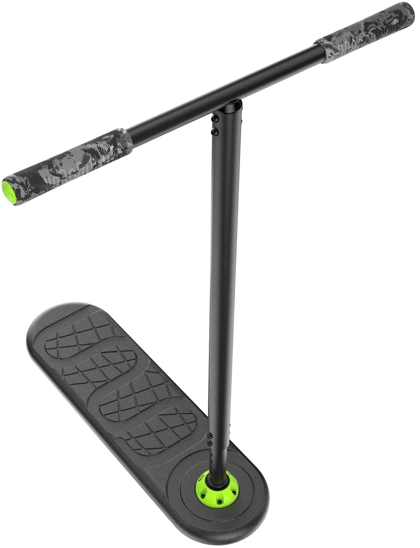 The INDO Fusion Indoor Trampoline Scooter - Classic Black features a T-shaped handlebar, green end caps, textured foot grips, and a ball head bearing system—ideal for balance, core training, and advanced trick practice.