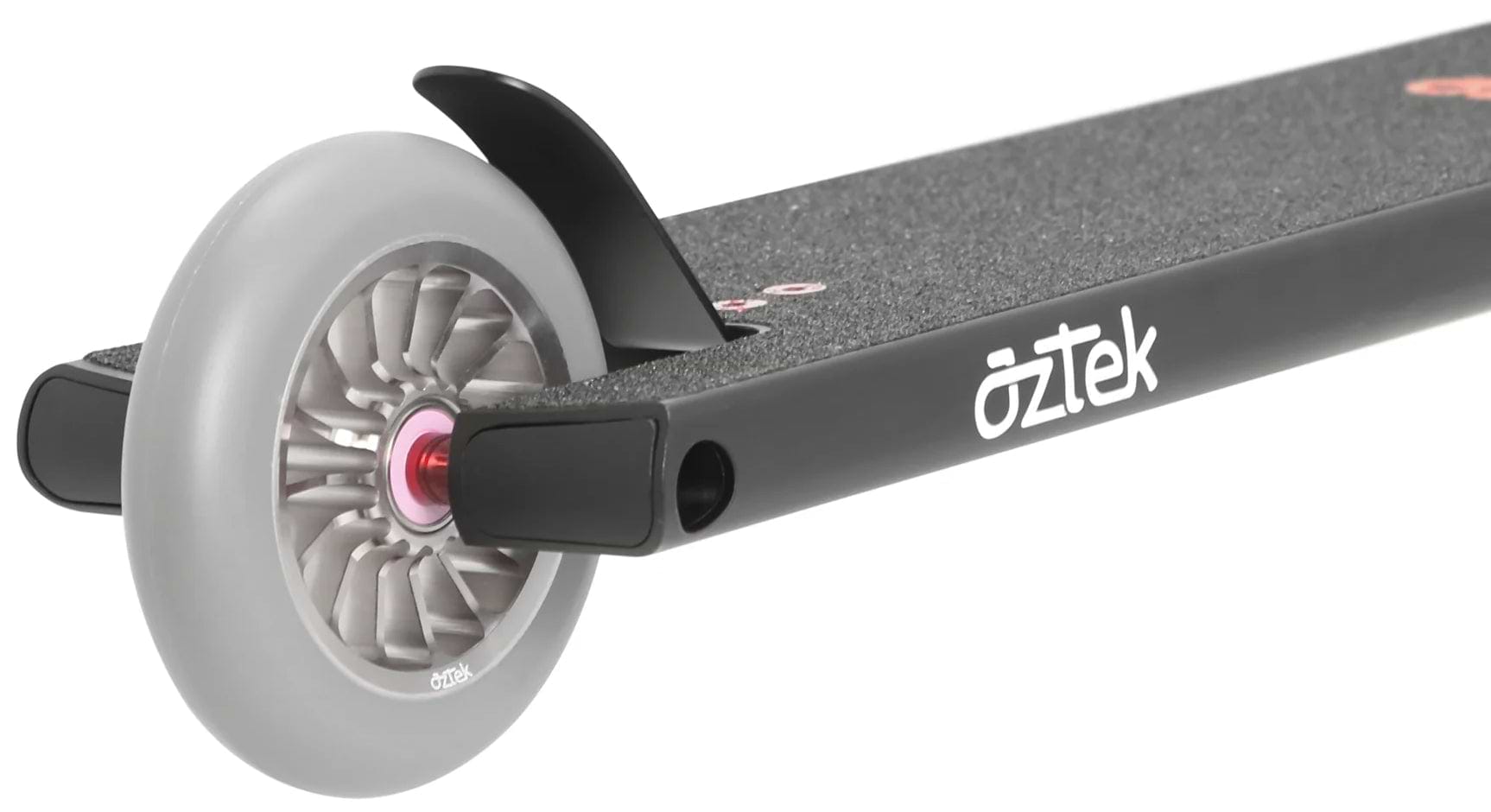 Close-up of the rear wheel of the Aztek Architect 2 Complete Stunt Scooter in Satin Black, showing the grey wheel with a red hub, black fender brake, and "aztek" logo on the deck.