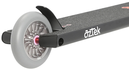 Close-up of the rear wheel of the Aztek Architect 2 Complete Stunt Scooter in Satin Black, showing the grey wheel with a red hub, black fender brake, and "aztek" logo on the deck.