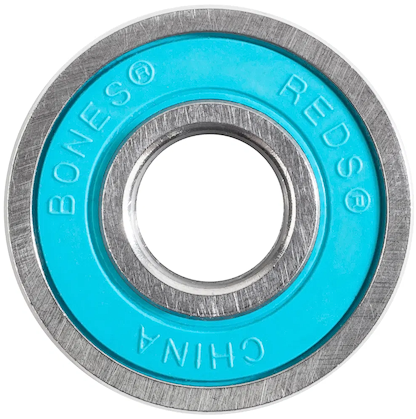 A close-up of a Bones REDS Big Balls Skateboard Bearing from the 16 Pack, featuring a metal outer ring and turquoise inner shield marked "BONES REDS CHINA," designed by Bones for speed and durability with its innovative six-ball construction.