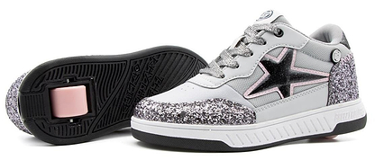The Breezy Rollers Star Shoes - Silver / Grey feature a black star, white and silver glittery finish, and a patented retractable wheel in one sole for easy skating. Brand: Breezy Rollers.