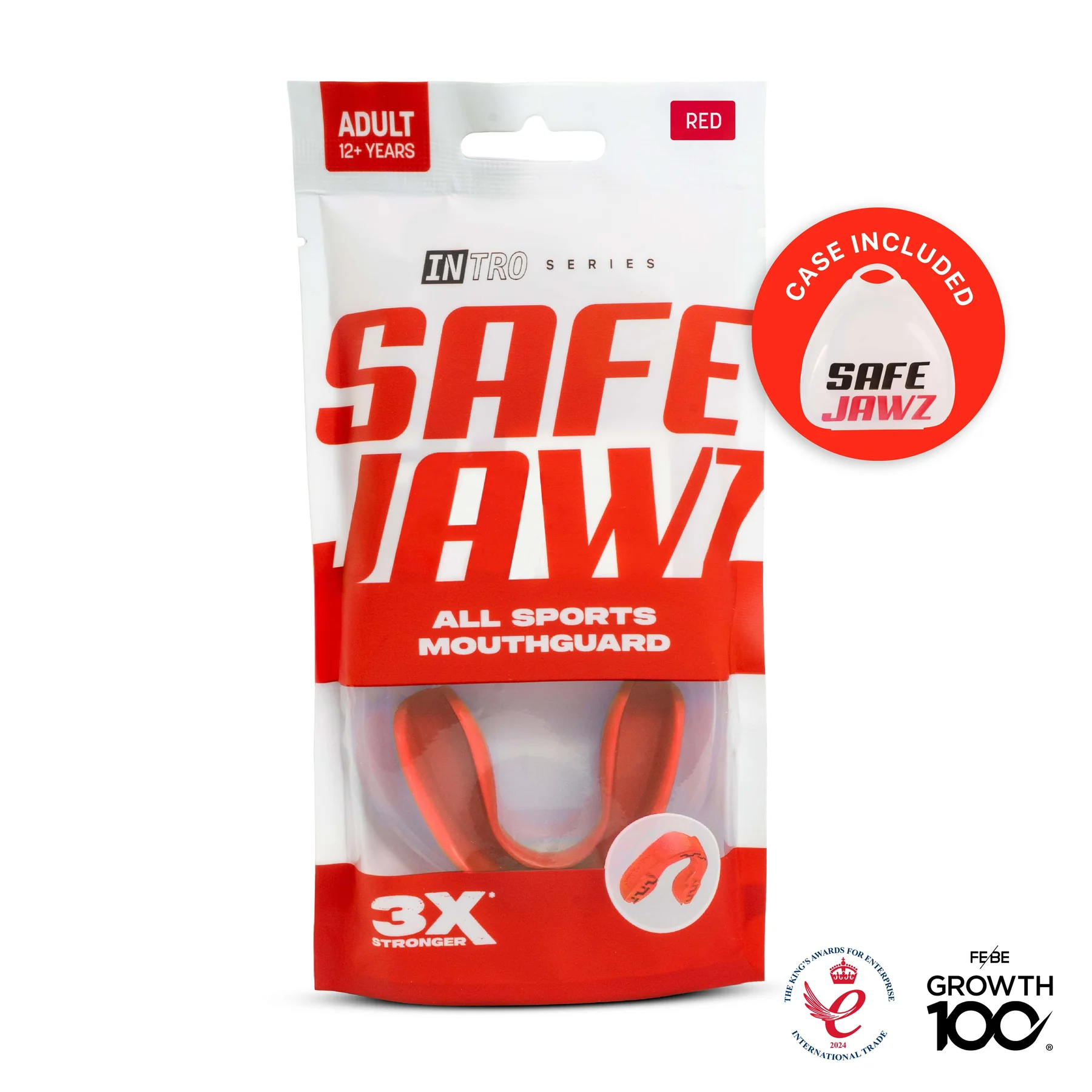 Packaging for the Safejawz Intro Series Protection Mouthguard - Red features "All Sports Mouthguard," "3X Stronger," an image of the mouthguard, a "Case Included" badge, and growth and award logos in the lower right corner.