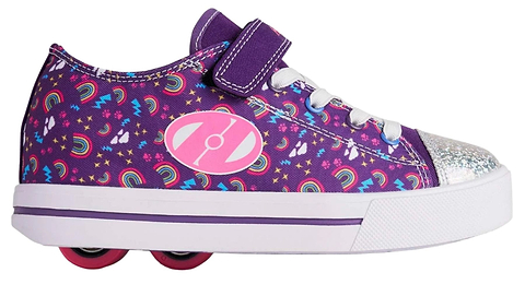 The Heelys Snazzy X2 Girls Shoes in Purple/Multi/Rainbow feature star and rainbow accents, white laces, a sparkly silver toe, ABEC 3 bearings, and dual pink wheels in the heel for colorful rolling fun.