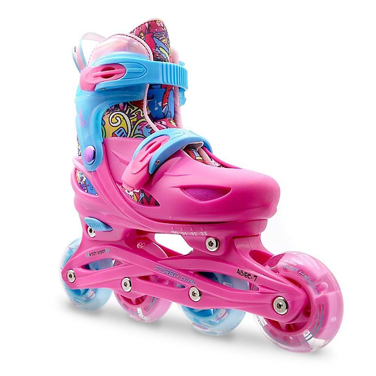 The Roces Ply Flash Adjustable Kids Inline Skates in pink and blue feature four flashing wheels, vibrant inner padding and straps, smooth ABEC 7 carbon bearings, and are designed for children.