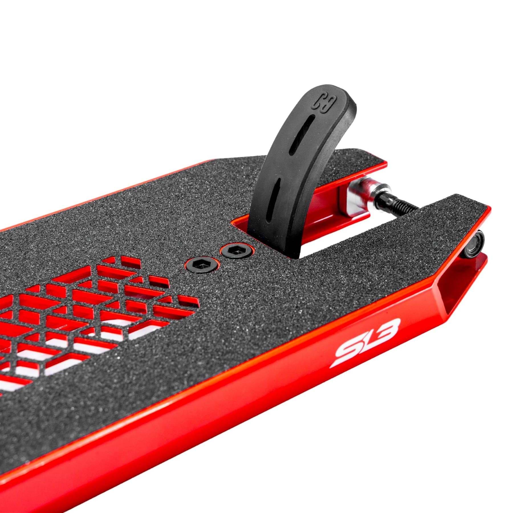Close-up of a CORE SL3 Forged Candy Red Stunt Scooter Deck (5.25" x 19.3"/20.5") with black grip tape, geometric cut-out pattern, black foot brake, and "SL3" printed in white on the side. Brand: CORE.