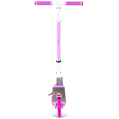 The Madd Gear (MGP) Metro Rush 125 Kids Foldable Scooter in white and purple is shown from the front, with purple handlebars, a light-up front wheel, and a narrow gripped deck. The background is plain white.