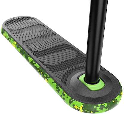 Close-up of the INDO Indo Pro V2 Indoor Trampoline Stunt Scooter - Green Mamba, featuring a black pro-level deck with textured grip and green-yellow camouflage edges, plus an attached black vertical scooter pole.