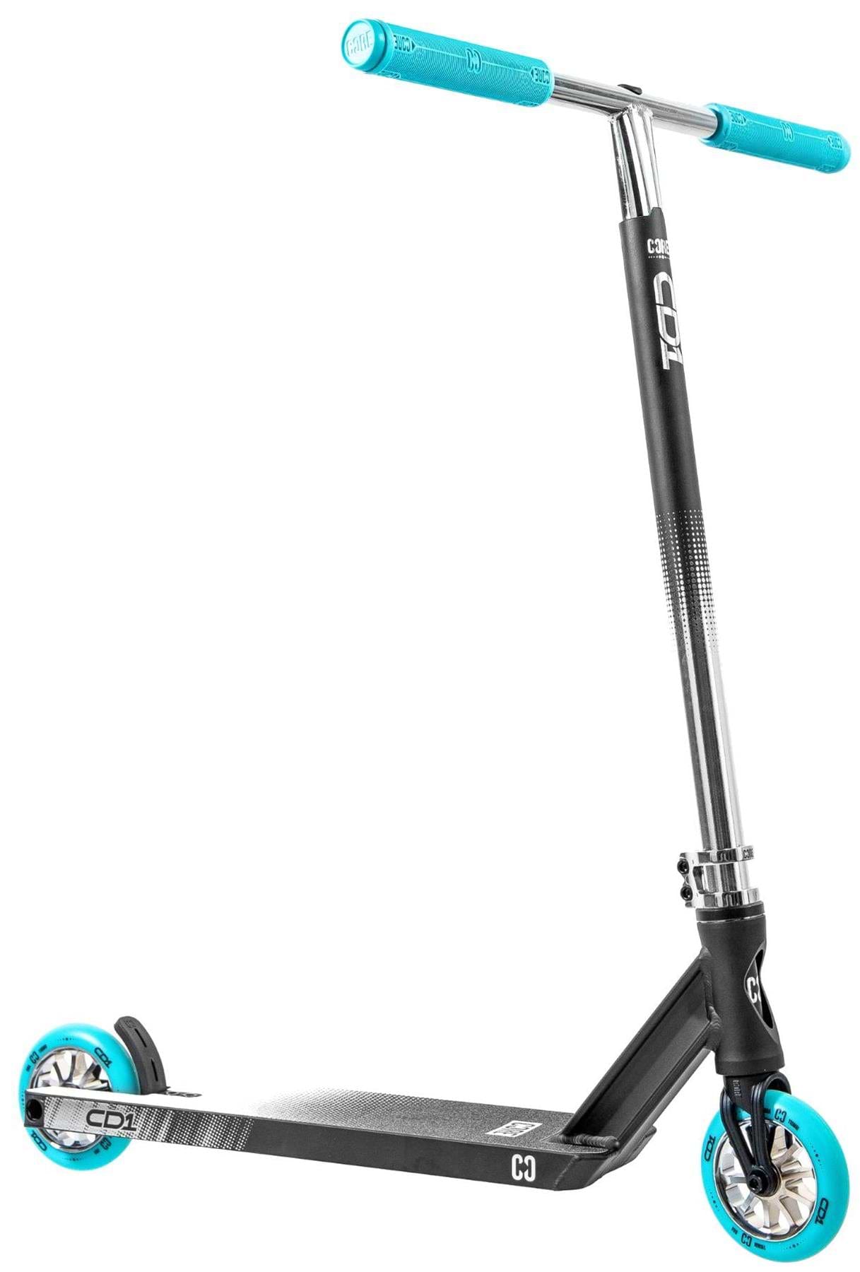 The CORE CD1 Complete Stunt Scooter by CORE, in Chrome/Teal, features teal handlebar grips and wheels, grip tape on the deck, and a modern beginner-friendly design. Shown angled on a white background.