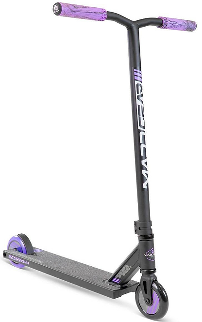 The Madd Gear MG 3 Zen Complete Stunt Scooter in Black/Lavender features purple handlebar grips and wheels, with "MADD GEAR" printed vertically on the front of the handlebar stem.