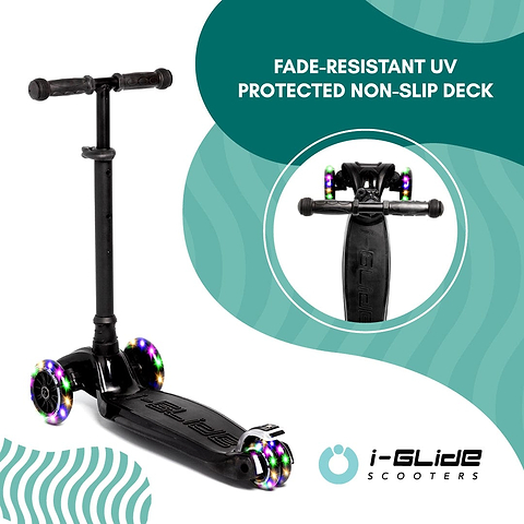 A black i-Glide 3-Wheel LED Kids Scooter is showcased against a teal wave-patterned backdrop, featuring dazzling LED wheels. Above the I-Glide logo, the text announces "Fade-Resistant UV Protected Non-Slip Deck." Ideal for kids who enjoy stylish rides!