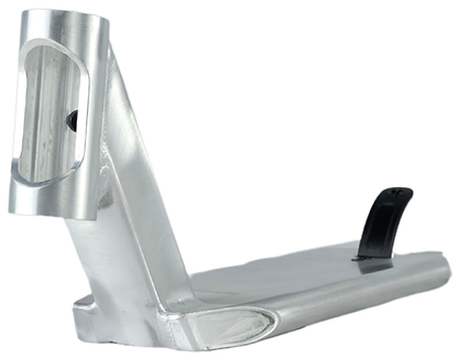 The Union Classic Pro Silver Stunt Scooter Deck - 4.75" by Union is lightweight, features a cutout headtube and a black rear brake, and is shown on a white background.