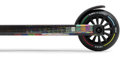 The Slamm Mischief Complete Stunt Scooter - Glitch features colorful wheels with a black five-spoke design and the "Slamm" logo. Its deck showcases a vibrant glitch-like nebula wrap graphic.