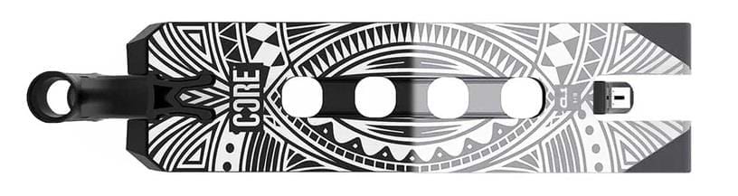 Introducing the CORE CL1 Black / Chrome Split LE Stunt Scooter Deck: a 5" x 19" masterpiece with geometric patterns and a striking eye design at its core. As part of the esteemed CORE pro team lineup, this deck features cutout holes, a slot at one end, and "CORE" boldly printed on its side.