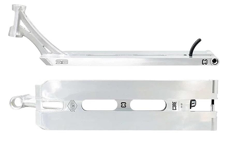The CORE ST2 Forged Polished Street Stunt Scooter Deck, measuring 6" x 22", is shown in two views: one from the side and another from below. This polished silver deck, ideal for street riding, boasts sleek geometric cut-outs and visible branding with "CORE" and "S2." It also features a partially visible brake mechanism and a forged headtube for enhanced durability.