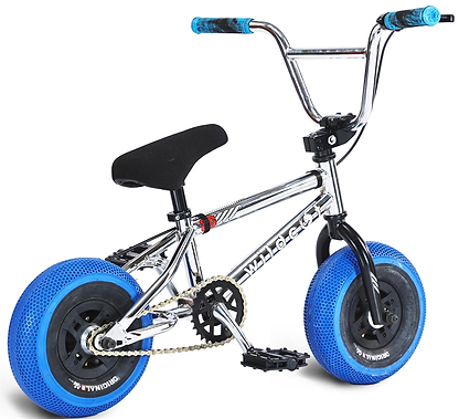The Wildcat OG 3A Mini BMX Bike - Galaxy Blue features thick blue PRO Street 65PSI tyres, a black seat, black pedals, blue grips, chromoly steel handlebars, and "wildcat" branding on the frame. Suitable for tricks and stunts.