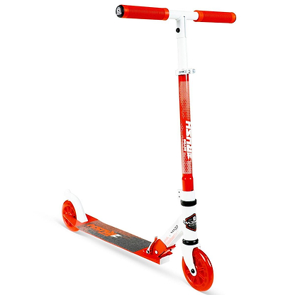 The Madd Gear Metro Rush 125 Kids Foldable Scooter in white and red features orange handlebars, light-up wheels, a black grip deck, adjustable handlebar, and stands upright on a white background.
