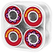 The Bronson Speed Co. Fabiana Delfino Pro G3 Skateboard Bearings pack includes eight bearings presented in a transparent case. Each bearing features a red ring with "Bronson Speed Co." in white and a vibrant pink and purple flower design, ideal for skateboard enthusiasts.