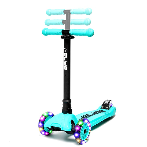 The aqua i-Glide 3-Wheel LED Kids Scooter is an excellent choice for children, featuring LED lights in its three wheels. It boasts adjustable, cushioned handlebars and prominently displays the I-Glide brand name on the deck, guaranteeing both comfort and style for young riders.