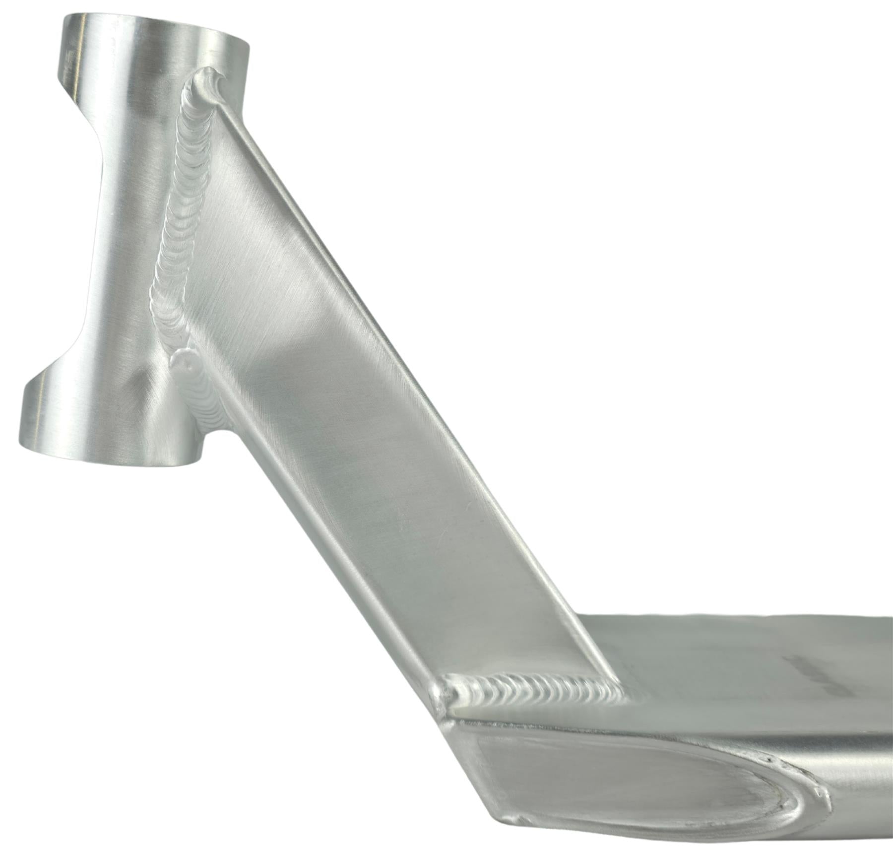 A close-up of the Union Classic Pro Silver Stunt Scooter Deck - 4.75" by Union, highlighting the welded joints, head tube, and part of the flat base against a white background.