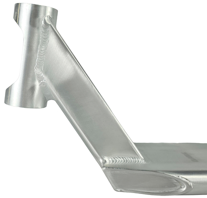A close-up of the Union Classic Pro Silver Stunt Scooter Deck - 4.75" by Union, highlighting the welded joints, head tube, and part of the flat base against a white background.