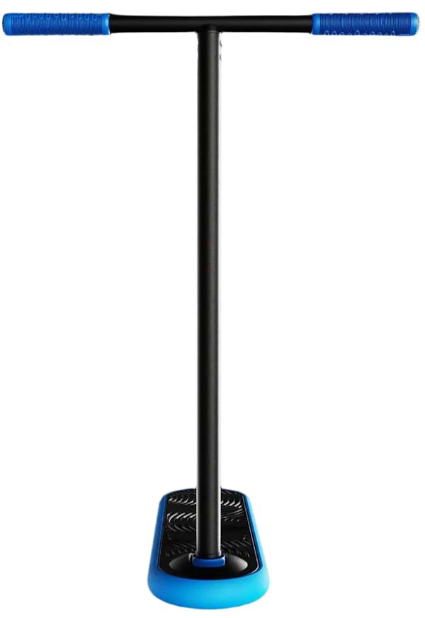 The INDO Pro V2 Indoor Trampoline Stunt Scooter, in black and blue, is showcased against a black background. Designed for pro-level riders, it has blue rubber handle grips and a matching foot base, echoing the style of an INDO scooter.