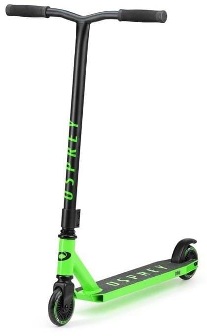 The Osprey Bomb Complete Stunt Scooter in green features a T-bar handle, small front and rear wheels, and "OSPREY" printed on the frame and deck—ideal for beginners or anyone seeking an entry-level stunt scooter.