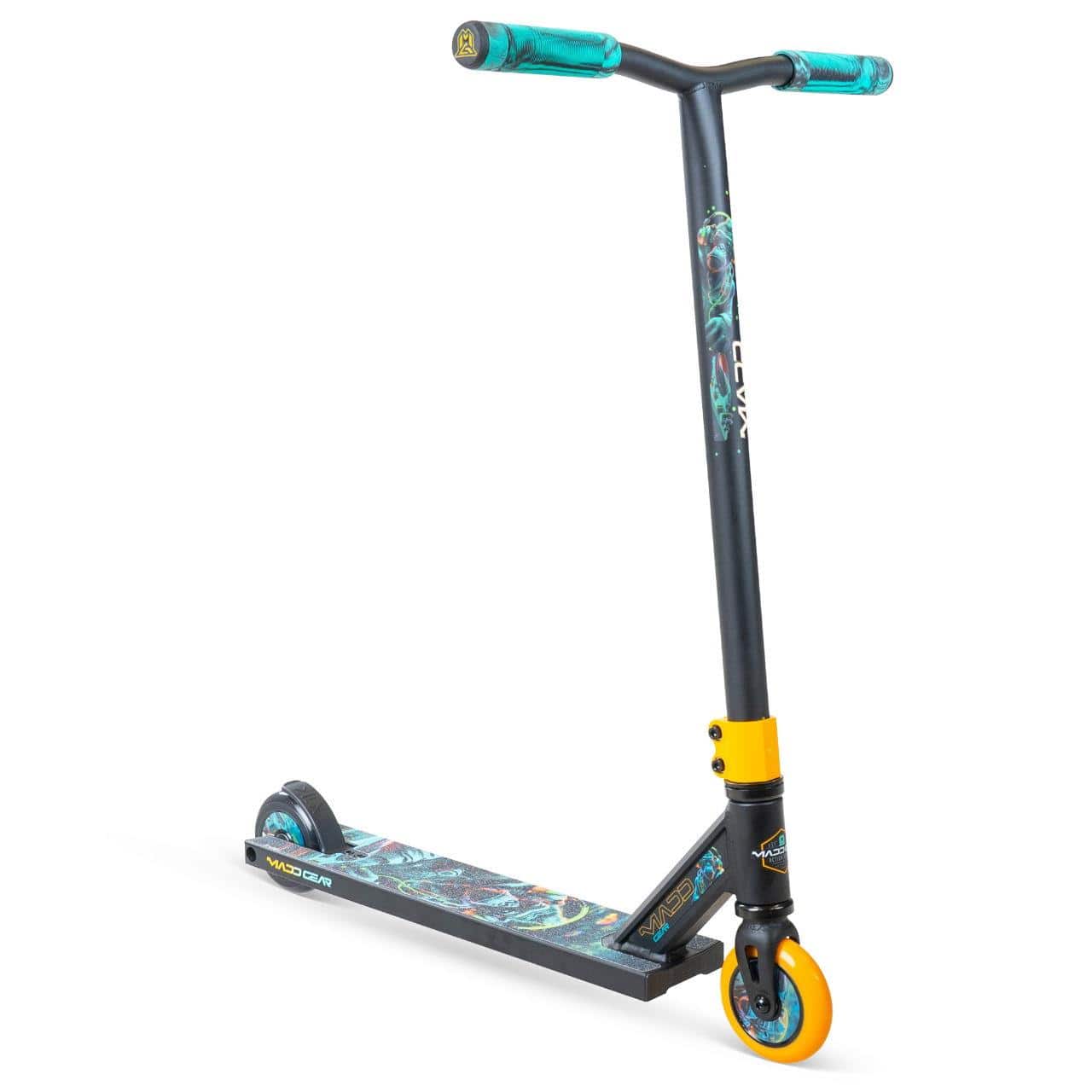 The Madd Gear MG 2 Obsidian Complete Stunt Scooter - DJ Rilla by MGP features black and teal colors with colorful graphics, a T-bar handle, blue grips, yellow clamp, ABEC-5 chrome bearings, teal rear wheel, and yellow front wheel.