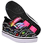 A pair of Heelys Pro 20 X2 Girls Shoes by Heelys in black, white, and rainbow with "Heelys Original" text, colorful logo print, rainbow laces, nylon upper, and pink low-profile wheels—one shoe upright, one showing the wheel and sole.