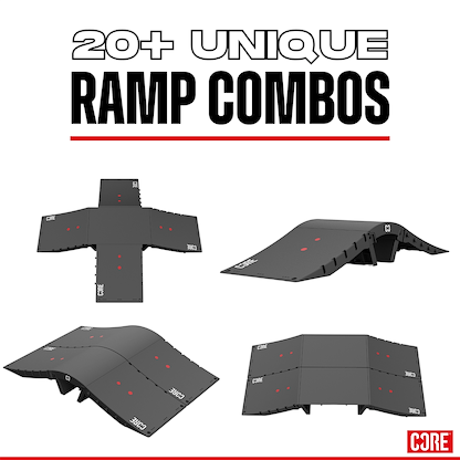 Four black modular ramp setups for skateboarding or biking are displayed with the CORE Mini Wave Bridge Connector, “20+ Unique Ramp Combos” in bold above, and the CORE logo in the bottom right corner.