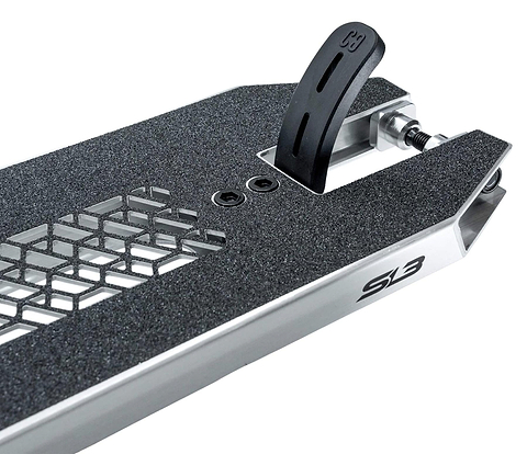 Close-up of the CORE SL3 Forged Polished Stunt Scooter Deck by CORE, featuring a textured black grip surface, honeycomb cutouts, black rear brake, and "S3" label—ideal for park riders seeking durability (5.25" x 19.3"/20.5").