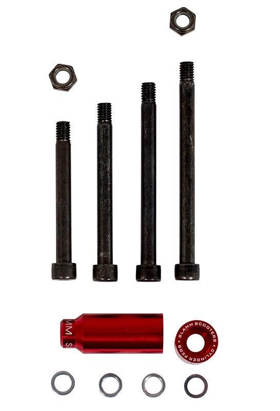 The Slamm Cylinder Stunt Scooter Pegs - Red by Slamm include four black bolts in various lengths with nuts, four washers, a red metal cylinder tool, and a red washer—perfect for installing grind pegs on your stunt scooter.