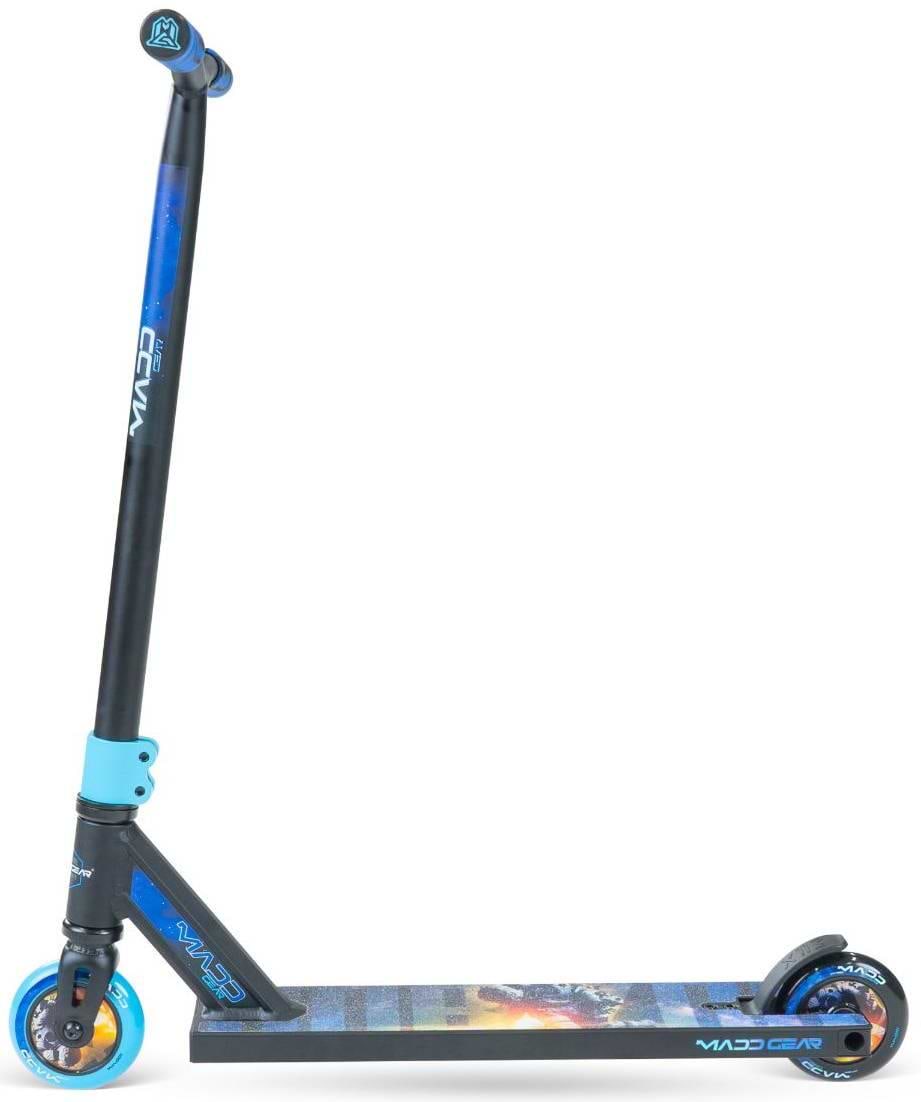 The Madd Gear MG 2 Obsidian Complete Stunt Scooter - Horizon features a black and blue design, two wheels, a wide deck, T-shaped handlebar, and bold graphics. Ideal for kids or stunts. Brand: Madd Gear (MGP).