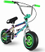 The Wildcat OG 3A Mini BMX Bike - Royal Green features a metallic rainbow frame, chromoly steel handlebars, green seat grips, a black seat, black tires with bright green rims, PRO Street 65PSI tyres, training pedals, and a sporty design.