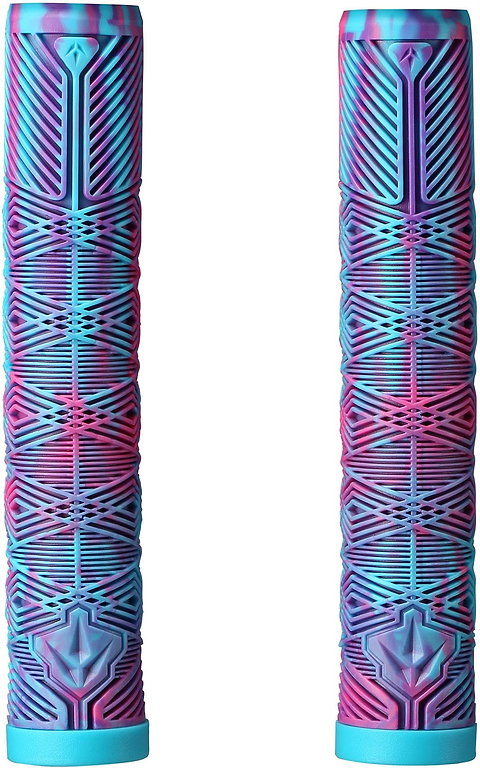 Two Blunt Envy V3 Pink / Teal / Purple Stunt Scooter Grips (160mm) stand upright against a white background, showing off their geometric textured pattern in vibrant colors.