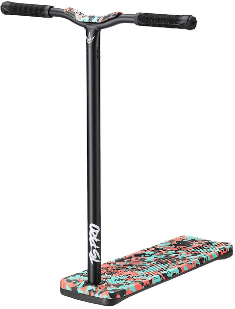 A Blunt Envy TS Pro 7.5 Indoor Trampoline Stunt Scooter stands upright, featuring its black T-bar handle and grips. The deck is decorated with a teal camo abstract pattern in red, teal, and black for an eye-catching design. It provides a customized height for enhanced freestyle performance.