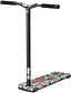 A Blunt Envy TS Pro 7.5 Indoor Trampoline Stunt Scooter stands upright, featuring its black T-bar handle and grips. The deck is decorated with a teal camo abstract pattern in red, teal, and black for an eye-catching design. It provides a customized height for enhanced freestyle performance.