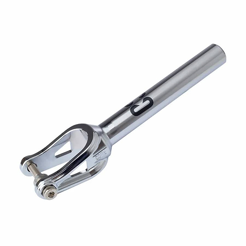 The CORE SL2 IHC Stunt Scooter Forks in chrome are crafted from durable aluminum, featuring a long cylindrical tube and a U-shaped base with bolt holes. Ideal for a scooter upgrade, the design is highlighted by an engraved CORE logo on the side.