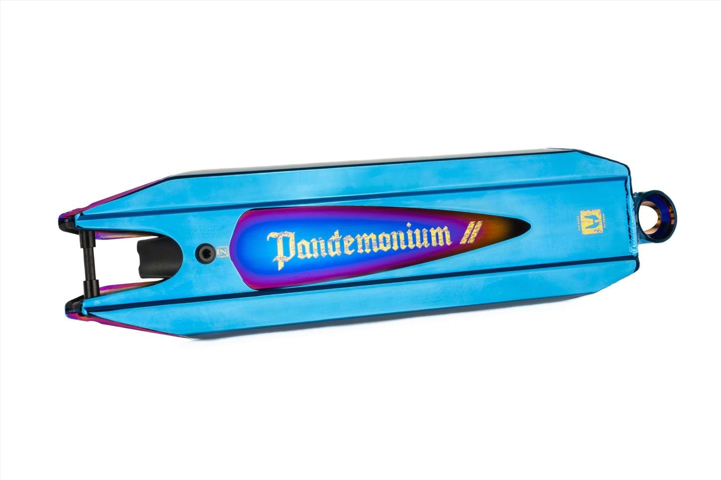 A stunning chrome blue Ethic DTC Pandemonium V2 Stunt Scooter Deck, featuring "Pandemonium" in a decorative script. Made from sturdy aluminum, this lightweight deck offers a reflective metallic finish with angled edges and boasts the Ethic logo near the bolt hole. Its dimensions are 5.1" x 18.1".
